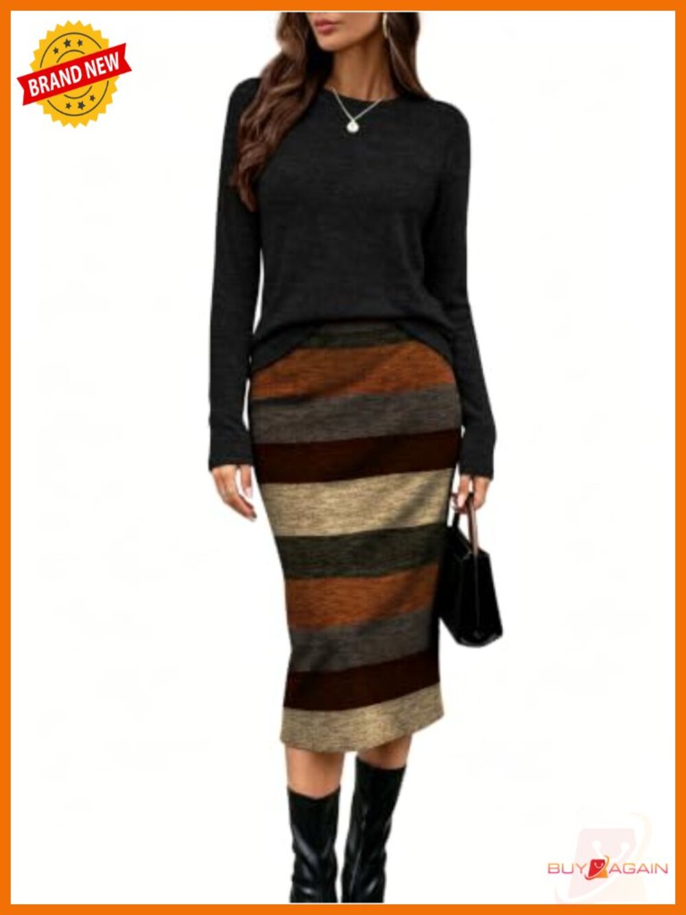 Women's 2 Piece Midi Skirt Set Long Sleeve Top with Pockets